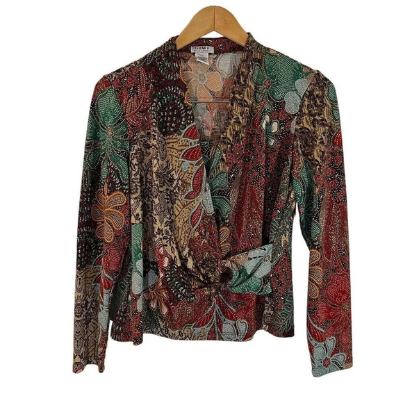 Graff Metallic Floral Blouse Medium Draped V Neck Long Sleeve Colorful Stretch - Picture 1 of 7
